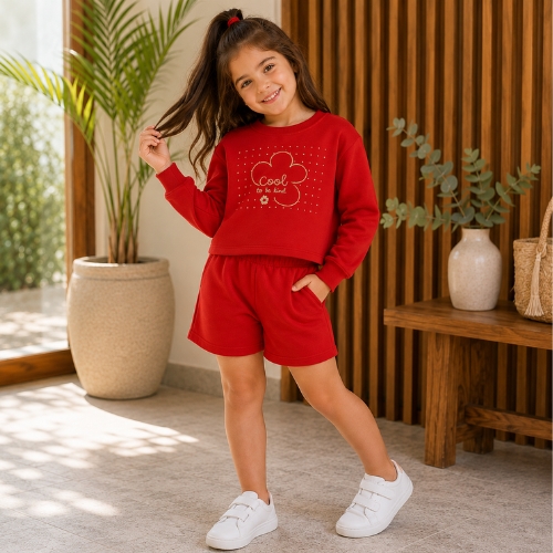 Conjunto Infantil Blusa Manga Longa e Shorts – Estampa "Cool to be Kind"
