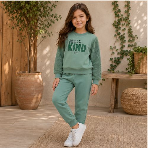 Conjunto Infantil Inverno Feminino Verde com Blusa Felpuda e Calça Kely & Kety