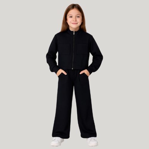 Conjunto Infantil Feminino Inverno Jaqueta Zíper + Calça Wide Leg com Bolsos Kely & Kety