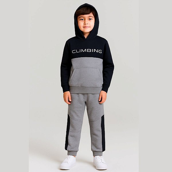 Conjunto Moletom Infantil Masculino Climbing com Capuz e Bolso Canguru Rei Rex