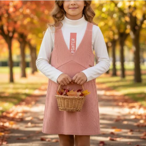 Conjunto Infantil Feminino Salopete Rosa em Veludo + Blusa Gola Alta - Carinhoso