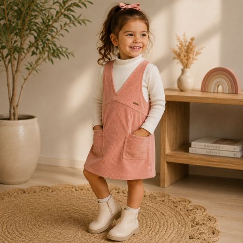 Conjunto Infantil Feminino Salopete Rosa em Veludo + Blusa Gola Alta - Carinhoso
