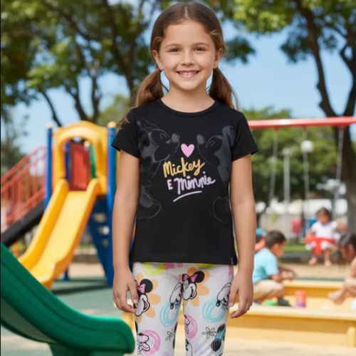 Conjunto Infantil Feminino Mickey e Minnie – Blusa Preta + Bermuda Estampada - Malwee Kids