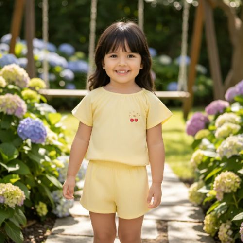 Conjunto Infantil Feminino Amarelo Blusa e Shorts com Estampa de Cerejinhas Malwee Kids