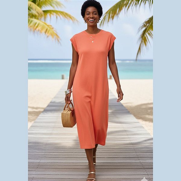 Vestido Midi em Viscose com Gola Redonda Canelada Cereja Rosa