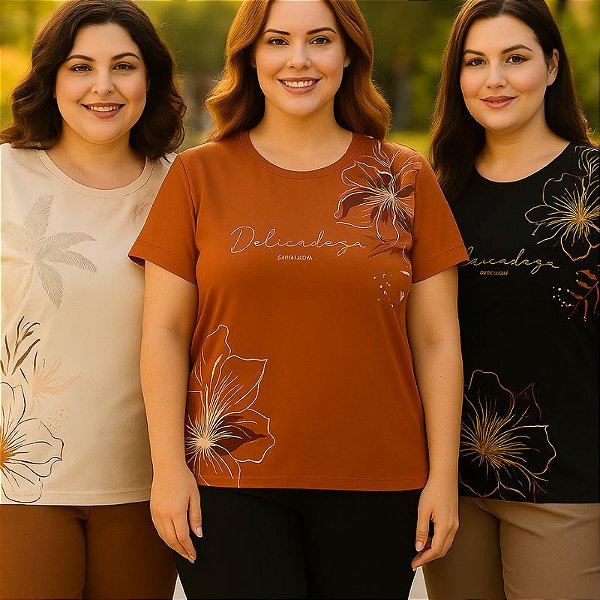 Blusa Feminina Plus Size em Viscose com Estampa Floral e Gola Redonda Cereja Rosa