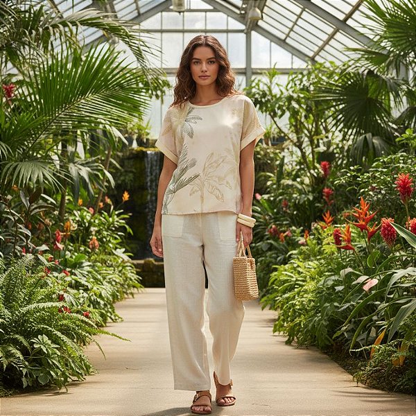 Blusa Feminina Manga Curta Estampa Folhagem em Poliéster com Viscose Cereja Rosa