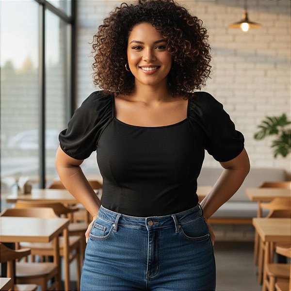 Blusa Plus Size Feminina Gola Quadrada Manga Bufante Habana