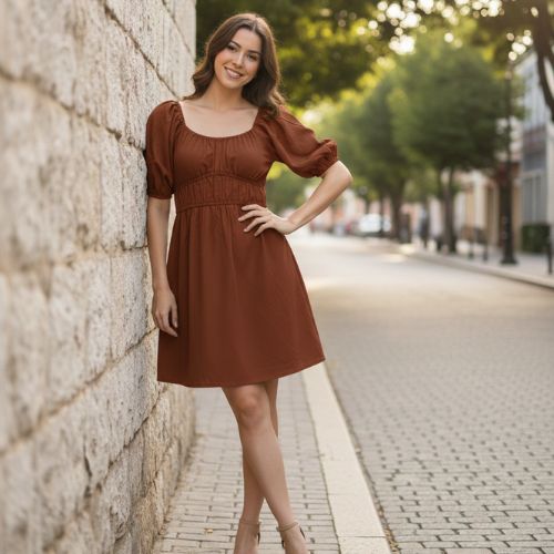 Vestido Curto Feminino com Manga Bufante e Decote Canoa Malwee