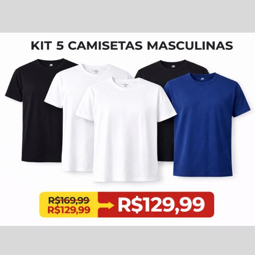 Kit 05 Camisetas Sortidas Branca, Preta e Azul Slim Gola Careca Masculina- Hering