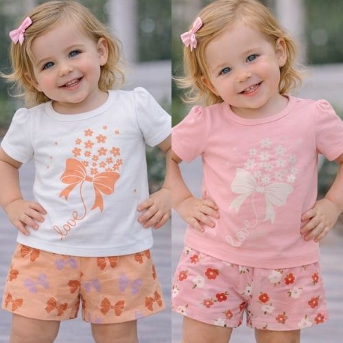 Conjunto Bebê Menina Blusa com Estampa de Laço e Shorts Estampado 4YOU- Cativa