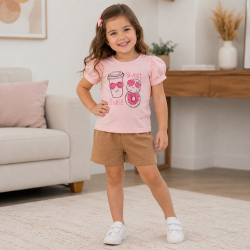 Conjunto Infantil Menina Blusa Estampada Sweet Shake e Shorts Texturizado 4YOU- Cativa