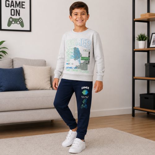 Conjunto Infantil de Moletom Masculino Gamer Menino Inverno Blusa Estampada + Calça Lisa Rei Rex