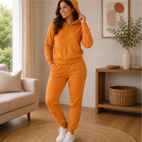 Conjunto Feminino Moletom Peluciado com Jaqueta de Zíper e Capuz + Calça com Bolsos Habana