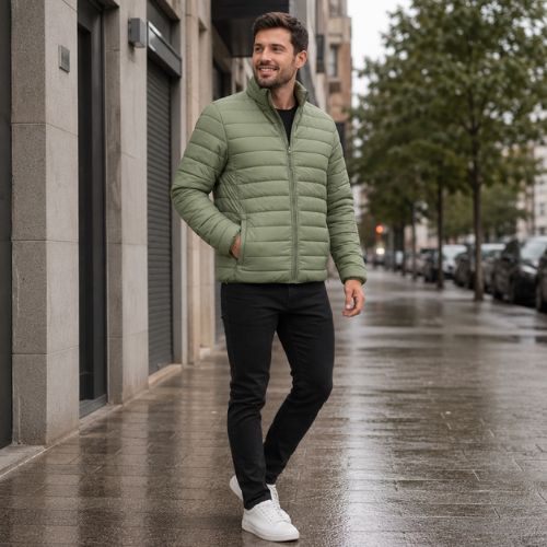 Jaqueta Puffer Masculina em Poliamida Sem Capuz com Bolsos Laterais e Zíper