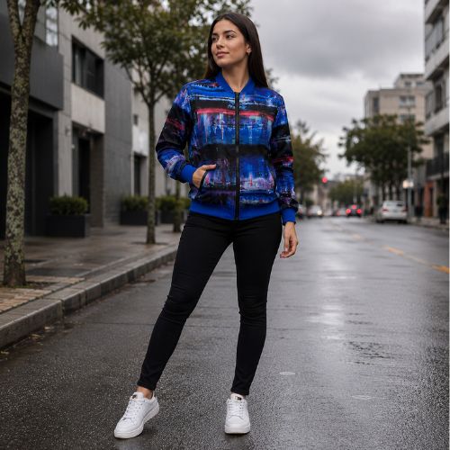 Jaqueta Feminina Estampada Azul/Verde com Abertura nos Ombros- Enfim