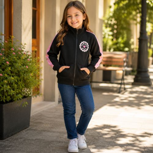 Blusa de Moletom Infantil Feminina com Listras Rosa Brilhantes e Zíper Malwee Kids