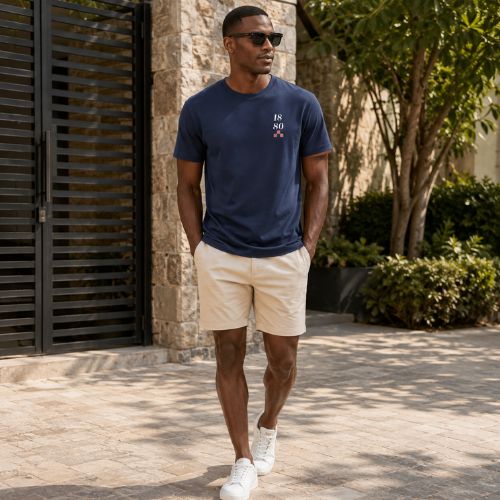 Camiseta Masculina Azul Marinho Comfort Estampada Manga Curta Gola Careca