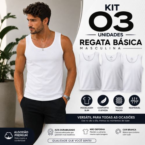 Kit 3 Regatas Masculinas Brancas Hering Slim Básica Gola Redonda Algodão