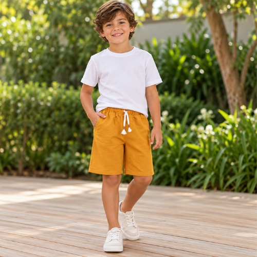 Bermuda Menino Bolsos Faca e Cós Elástico Verde ou Amarelo Carinhoso