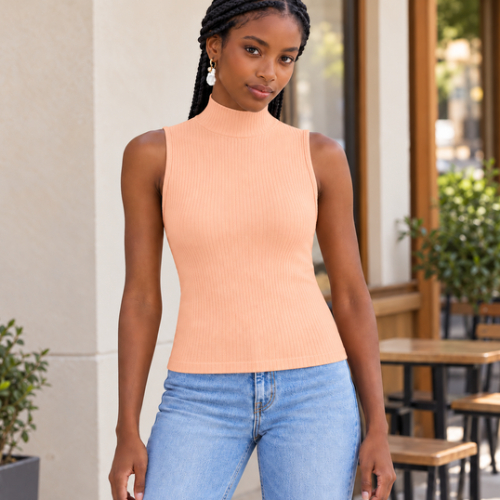 T-Shirt Musculosa Feminina Gola Alta em Ribana Canelada Hering