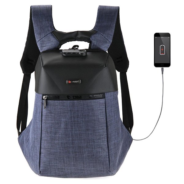 Mochila Antifurto Tonin com USB Modelo 1980 Preto e Azul