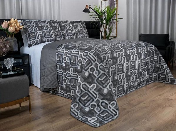 Kit 1 Cobre-leito Casal Bouti de Microfibra Ultrasonic Estampada + 2 Porta-travesseiros Cinza