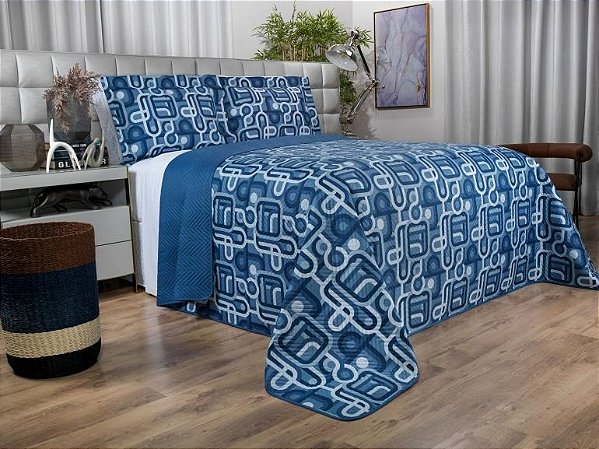 Kit: 1 Cobre-leito Casal Bouti de Microfibra Ultrasonic Estampada + 2 Porta-travesseiros Azul