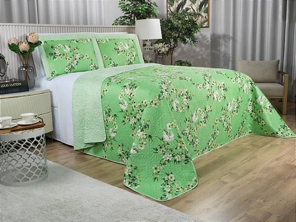Kit: 1 Cobre-leito Casal Bouti de Microfibra Ultrasonic Estampada + 2 Porta-travesseiros Verde