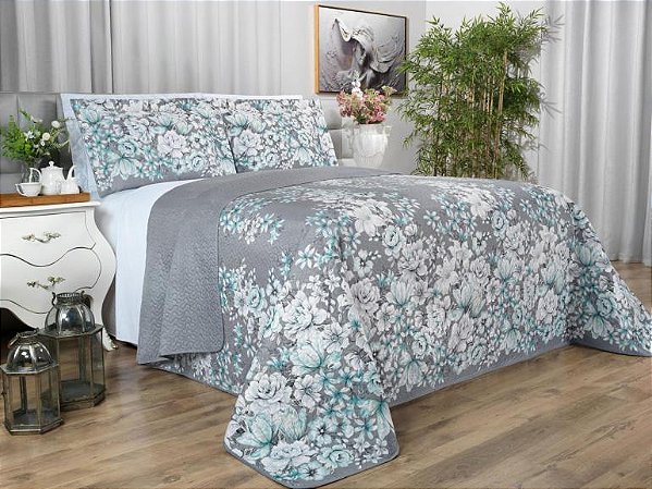 Kit Cobre-leito Casal Bouti Microfibra Ultrasonic Estampado Cinza Emily + 2 Porta-travesseiros Dui Design