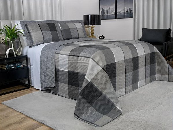 Kit Cobre-leito Casal Bouti Microfibra Ultrasonic Estampado Cinza Ronald + 2 Porta-travesseiros Dui Design