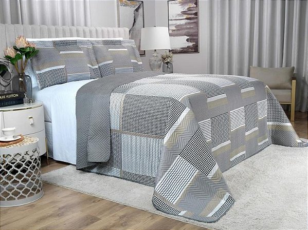 Kit Cobre-leito Casal Bouti Microfibra Ultrasonic Estampado Cinza Ortiz + 2 Porta-travesseiros Dui Design