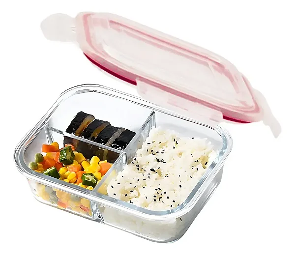 Pote de Vidro Hermético 1410ml 3 Divisórias Marmita Fitness