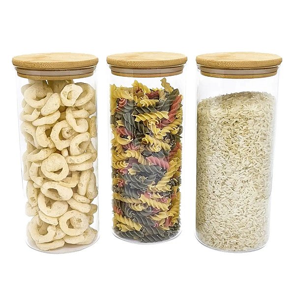 Kit 3 Potes de Vidro para Mantimentos 1650ml com Tampa de Bambu
