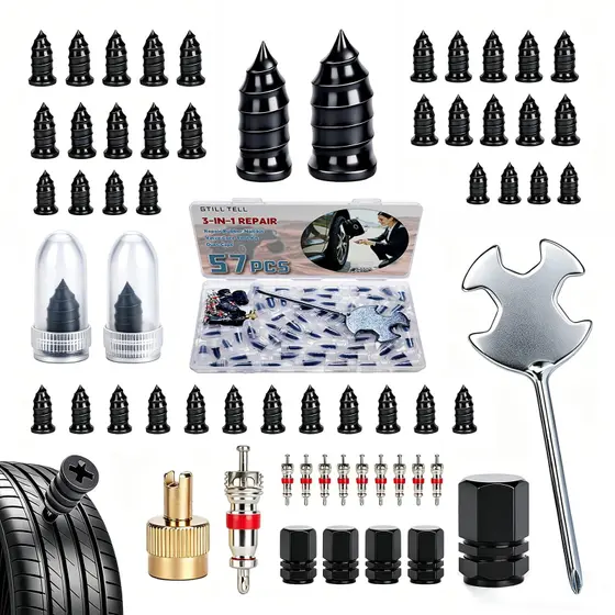 Kit Reparo de Pneus 57 Peças com Pregos de Borracha Rosqueáveis