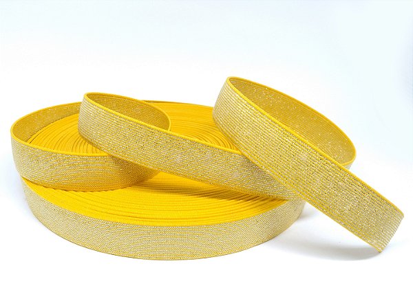Elástico chato com brilho - 25mm - poliéster (bolacha c/25mts) - Ref: 0266 - amarelo