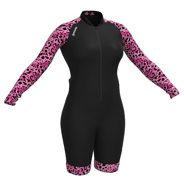 Macaquinho De Ciclismo Feminino Oncinha Animal Print Refletivo Rosa Manga longa