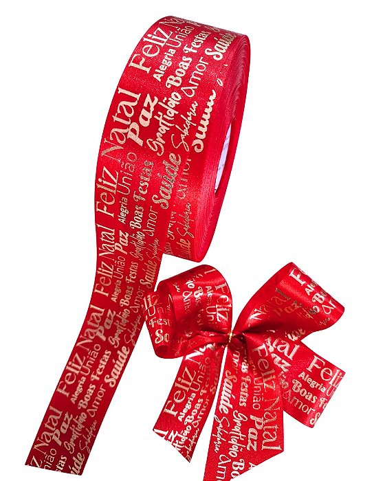 50m - Fita Cetim 3,5cm VERMELHO - Hot Stamping dourado