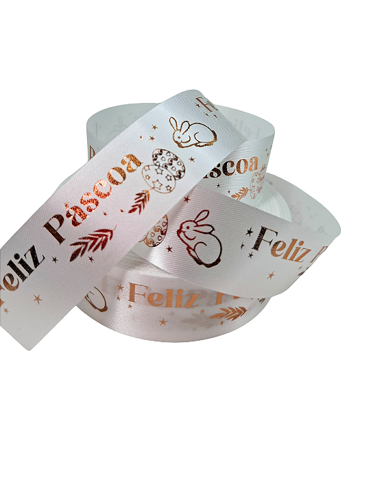50M-Fita de Cetim Branca Páscoa -Impressão Rose