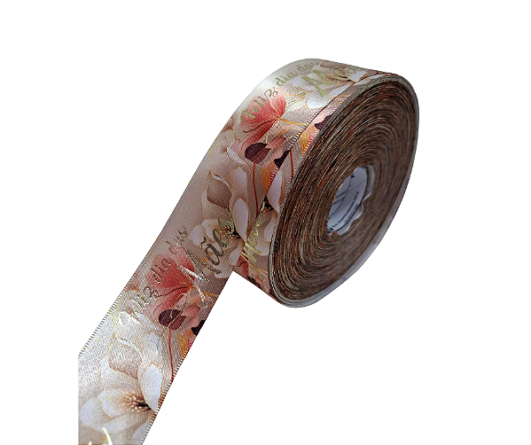 50m- Fita Cetim3,8 cm Estampa HD FLORAL - Hot Stamping Mães