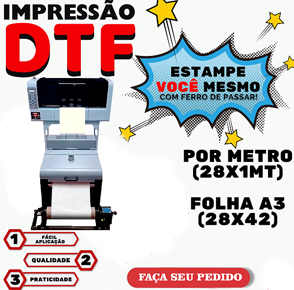 Impressão DTF TEXTIL - Por Metro e Folha A3 - Envie sua Arte - Pronto para Aplicar Ferro ou Prensa