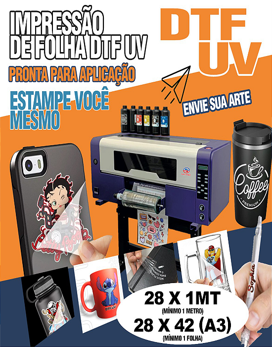 Impressão DTF UV - Por Metro- Folha A4 e A3 - Envie sua Arte - Pronto para Aplicar