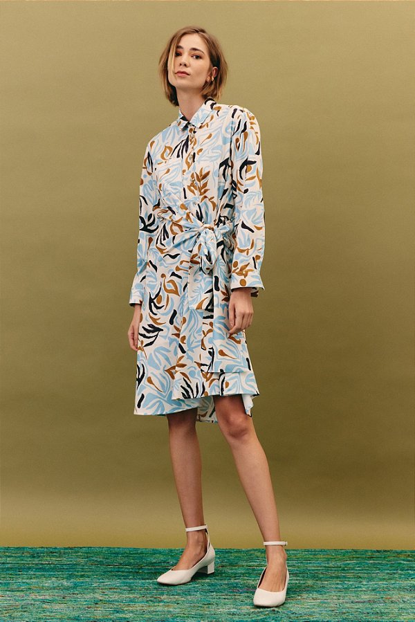 vestido midi manga curta com amarração jardim modernista