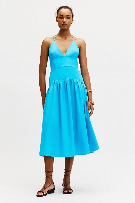vestido midi de algodão com decote V e pala azul céu