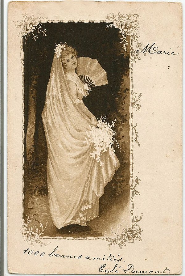Cartão Postal Antigo Original, Art Nouveau Ilustrado, Figura de Mulher Vestida de Noiva, Circulado em 1899