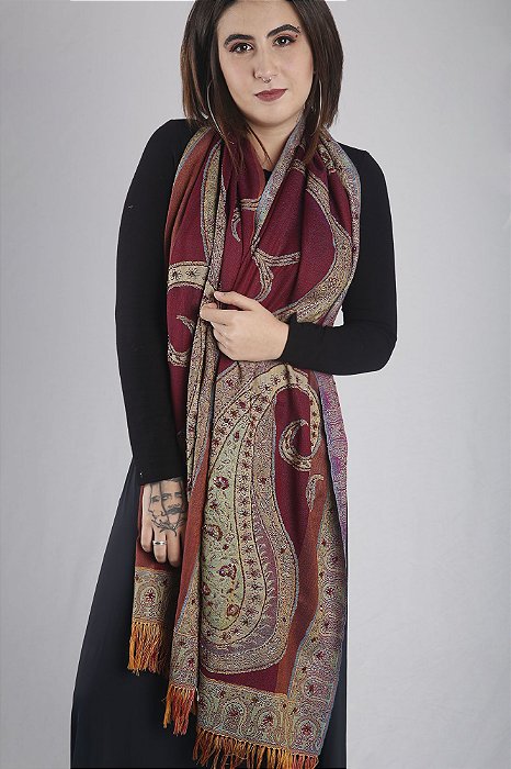 Pashmina 100% Lã da Kashmira Bordada Paisley