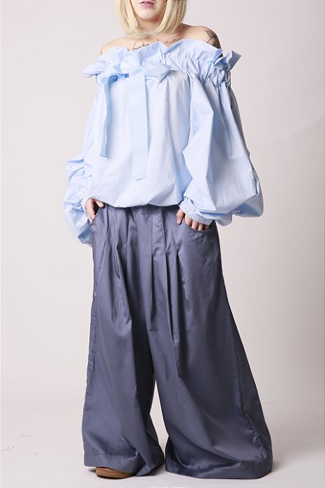 Calça Maxi Pantalona Pregas Marinho