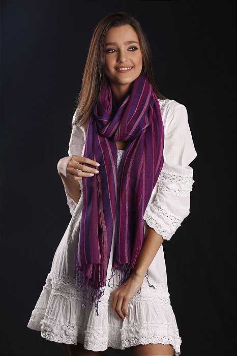 Pashmina 100% Lã da Kashmira Listrada Tons de Roxo