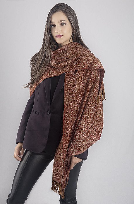 Pashmina 100% Lã da Kashmira Jacquard Tons Terrosos