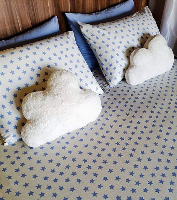 LENÇOL CASAL PADRÃO DE MALHA 03 PEÇAS ESTAMPA ESTRELA AZUL